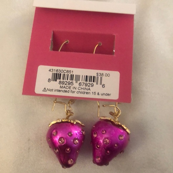 Betsey Johnson Gold Tone Metallic Fuchsia Strawberry Drop Earrings Crystal NWT - Picture 11 of 12
